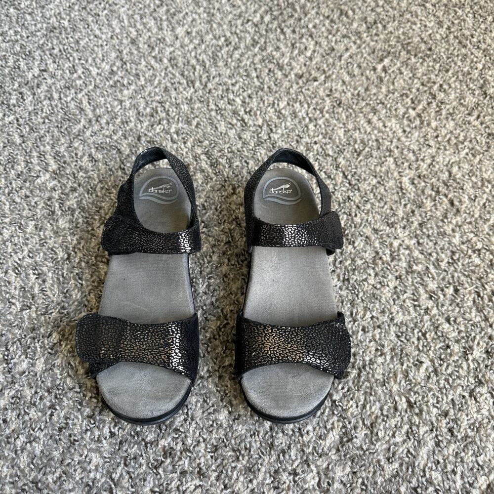 Dansko Black Sonnet Metallic Shimmer Leather Strappy Block Heel Sandals 39 US 9